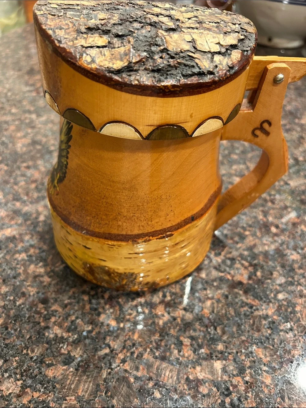 vintage hand-carved hand painted wooden or birch bark mug or stein with eagle